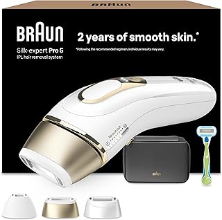 Braun IPL Silk-Expert Pro 5 PL5242 Depilación para el hogar, Blanco/Oro, Alternativa a la depilación láser, con caso, sistema de afeitado Venus, 3 cabezas, regalo para mujeres