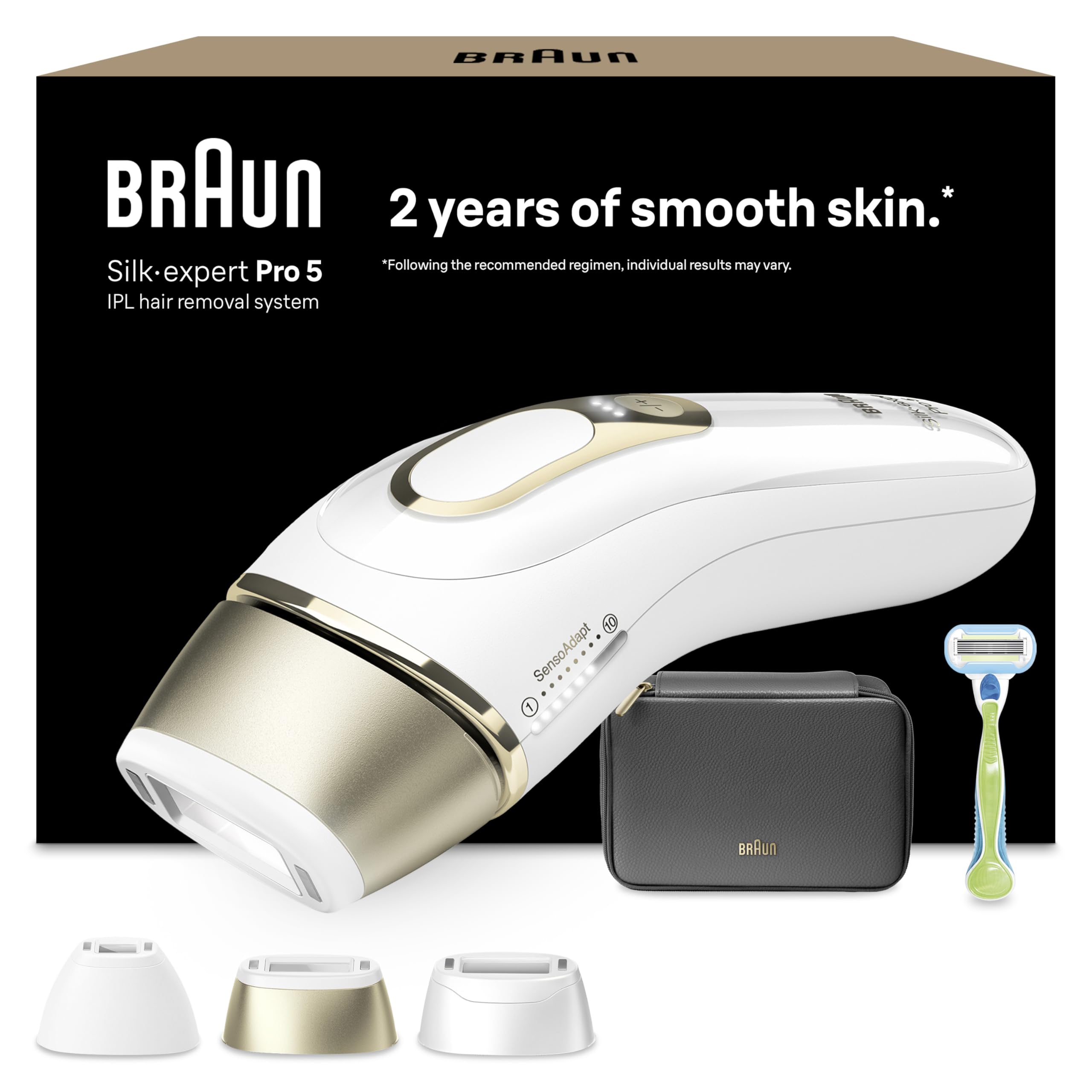 Braun IPL Silk-​Expert Pro 5 PL5242 - Depilazione domestica, bianco/​oro, alternativa alla depilazione laser, con custodia, sistema di rasatura Venere, 3 teste, regalo per donne
