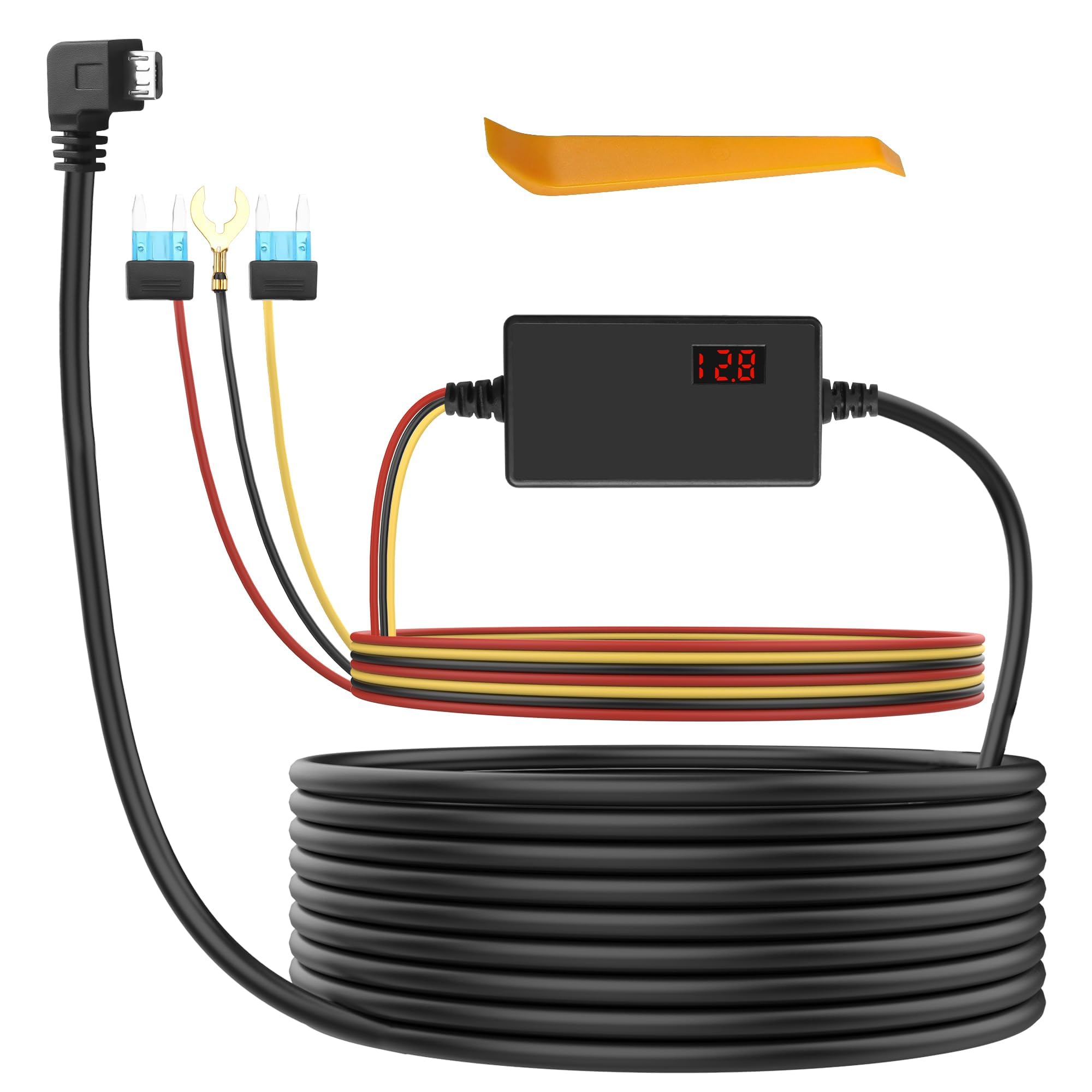 XMSJSIY Dash Cam Hardwire Kit Micro USB 12V-24V to 5V Step-Down Cable Micro USB Hard Wire Kit with LED Screen Support 24 H...