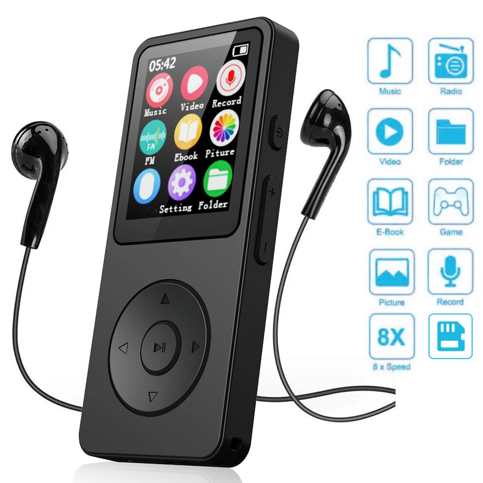 CHICIRIS Lettore MP3, Lettore Audio Bluetooth 5.4 con Schermo LCD da 2,4 Pollici, Musicale Compatto per Viaggi Sportivi, Bambini e Anziani (Con scheda di memoria da 128 GB)