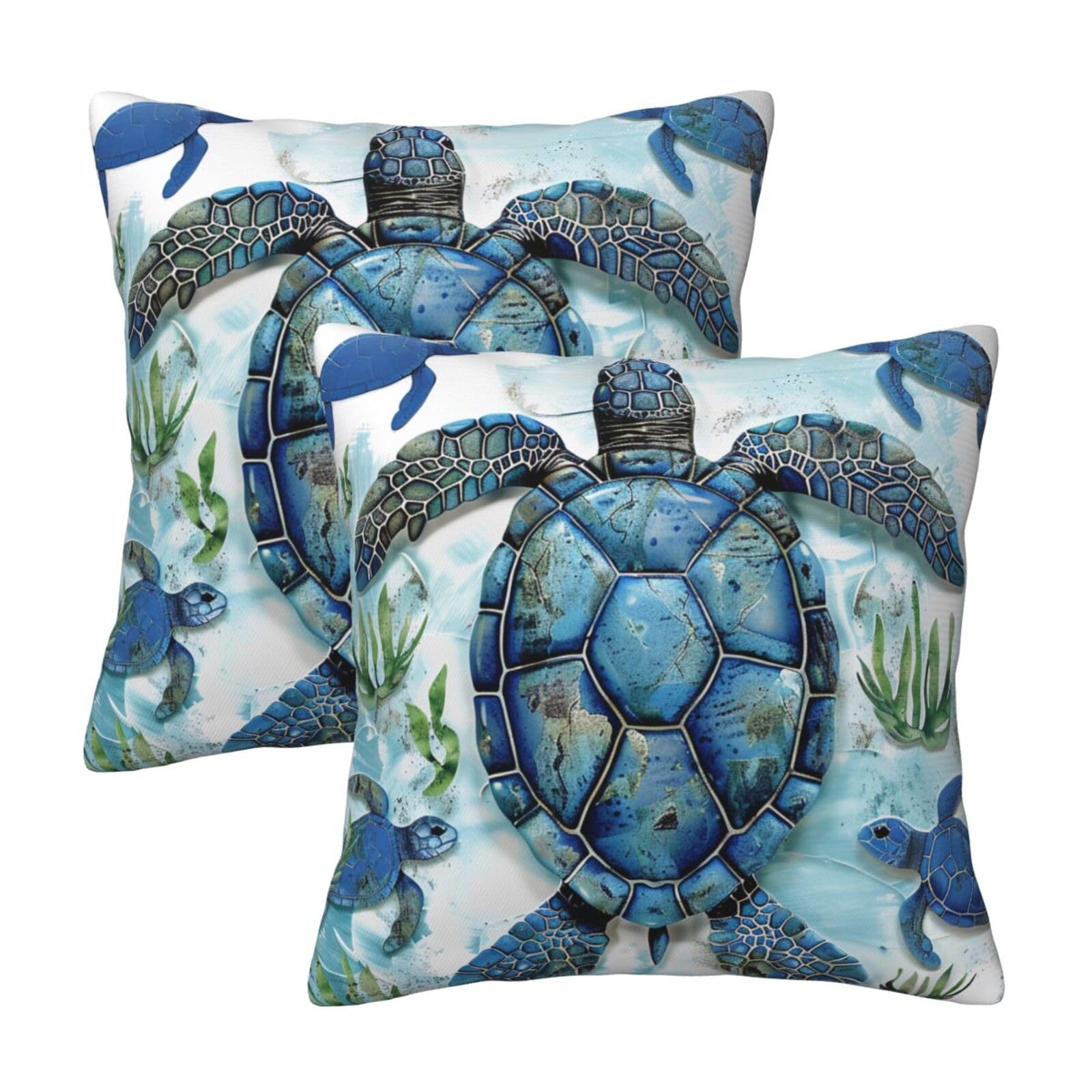 Sea Turtle-Blue Throw Pillow Cases 2 Pack Square Pillowcases Soft Pillow Protectors for Couch Livingroom Sofa Bed Office Car,50x50 CM
