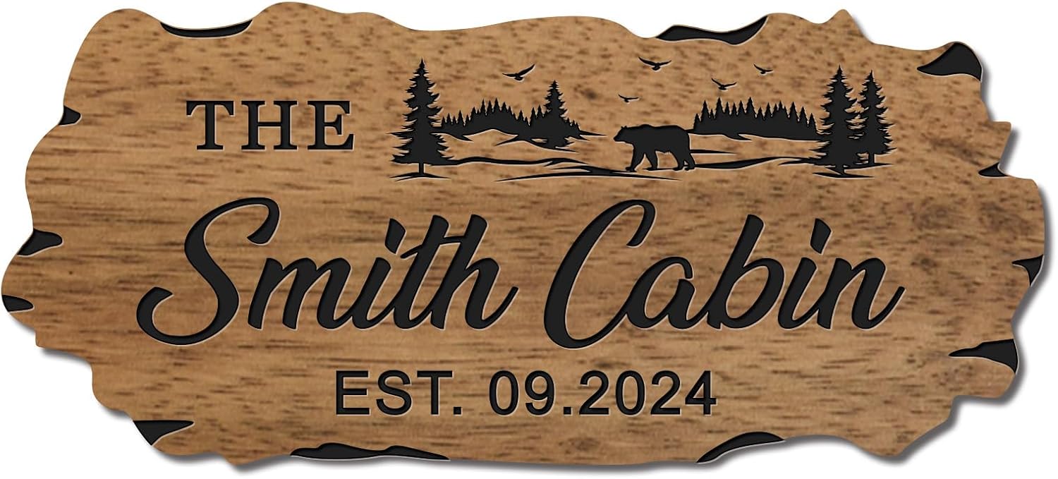 Personalized Wooden Family Name Sign, Camper Signs, Last Name Cabin Established Sign, Bear and Mountains Hunting Cabin, Hunting Decor