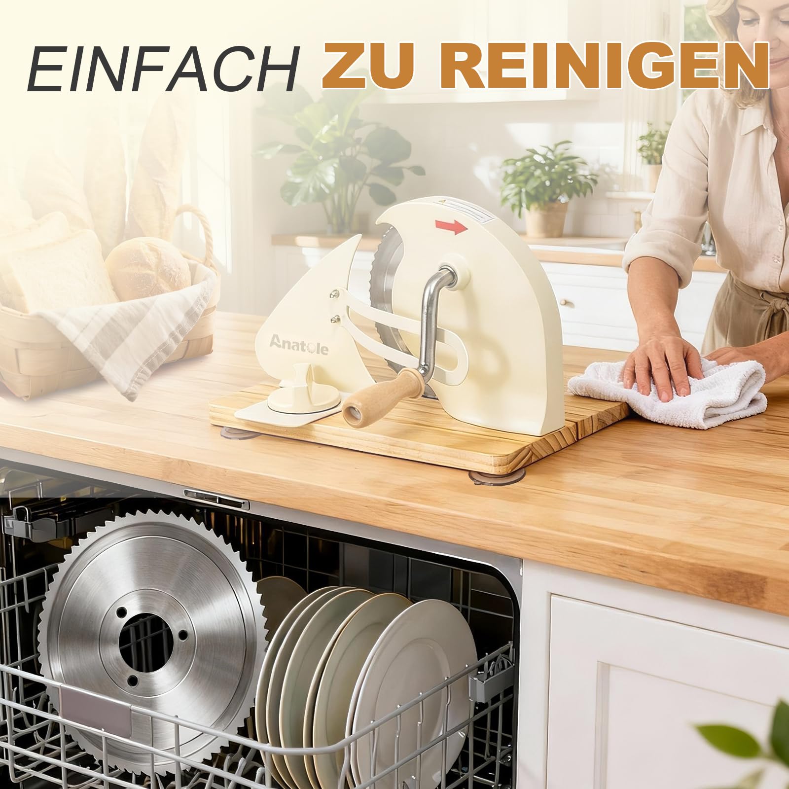 Anatole Brotschneidemaschine Manuell Klappbar 0-20mm Einstellbar Edelstahl Brotschneider Professionell mit Kurbel Abnehmbare Metallführung Gravierte Skala