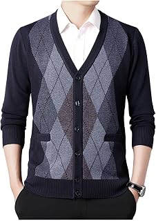Mens Argyle Sweater Cardigan V Neck Long-Sleeved Button Down Open Front Knitwear with Pockets