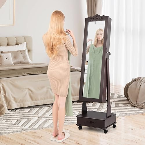 Miniatura 2 de COSTWAY Armario de joyería de 6 LED con ruedas organizador de almacenamiento de joyas con cerradura con espejo de longitud completa y 3 ángulos