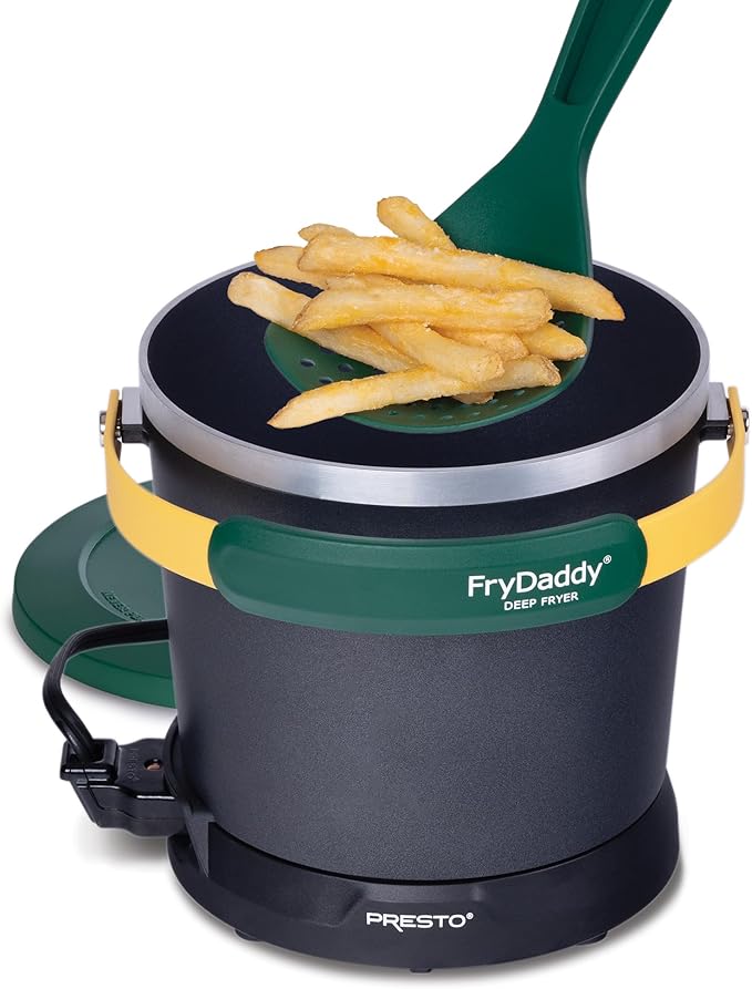 Presto 05427 FryDaddy electric deep fryer in green and gold, compact oil fryer for crispy food, non-stick with snap-on lid _HERE