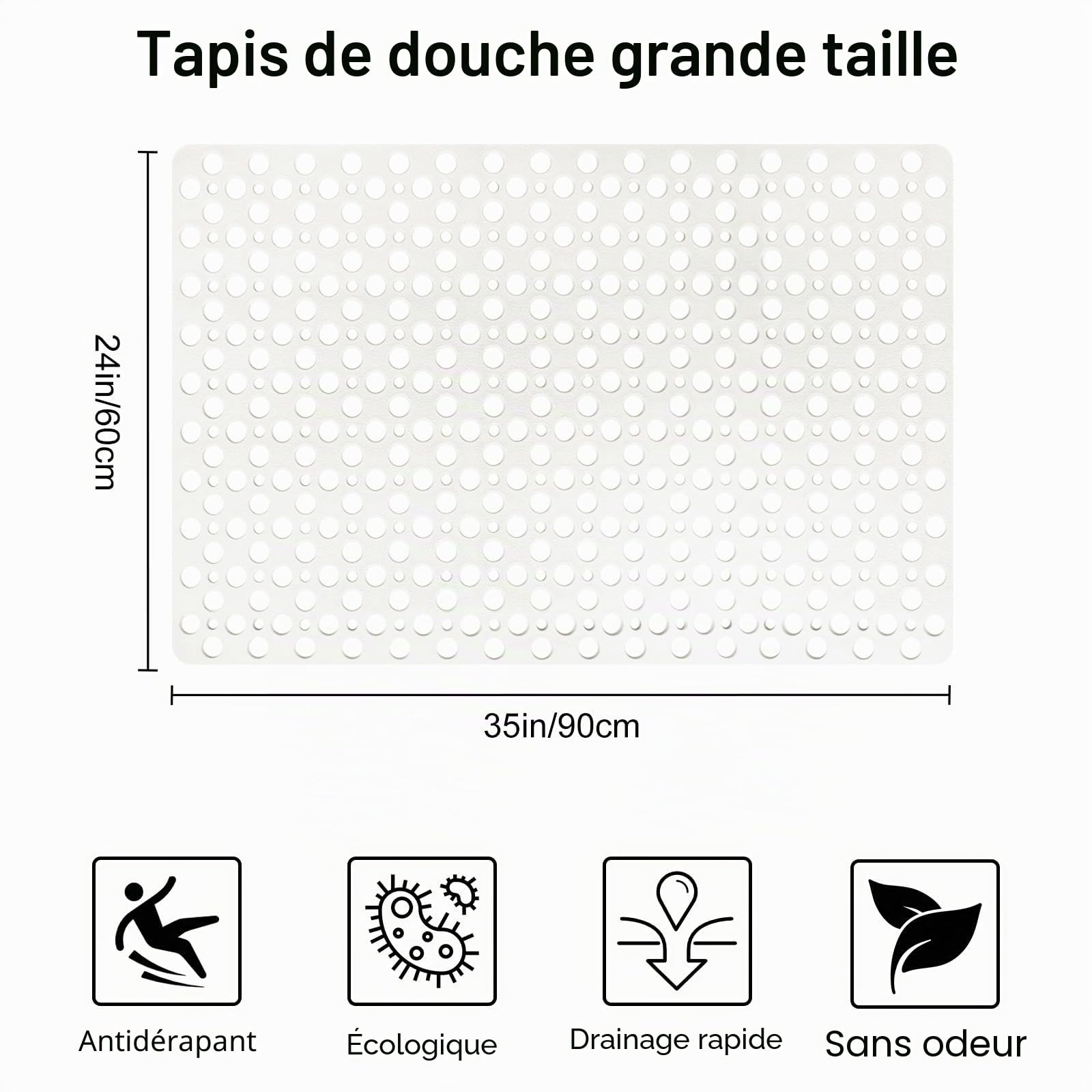 Tapis de douche antidérapant et anti-moisissure : 60 x 90 cm Grand tapis de douche pour bac de douche à l'italienne - Tapis de bain antidérapant en caoutchouc souple pour sol humide - Lavable en