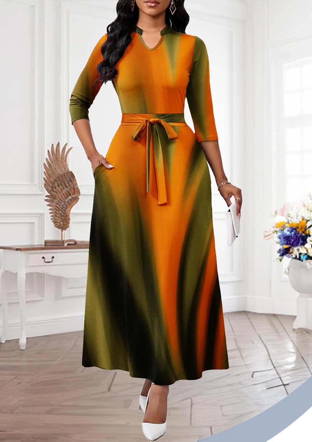 Maxi Dresses for Women Semi Formal Long Dress 3/4 Sleeve Casual A-line Church Dresses with Pockets - Image 3