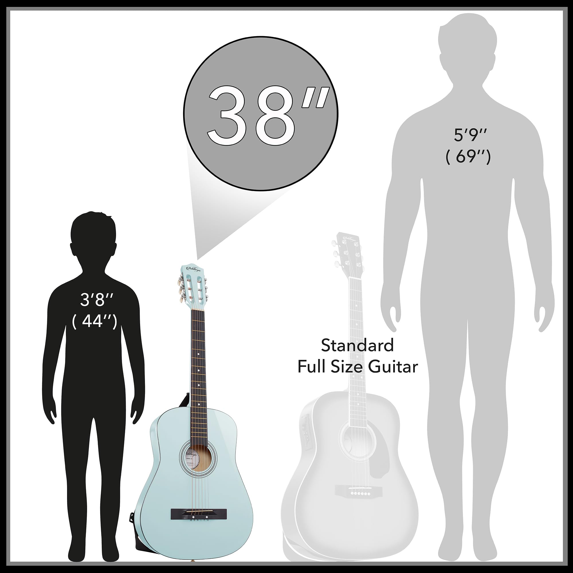 Ashthorpe Akustikgitarre für Anfänger, 96,5 cm, Hellblau, Basis-Starter-Set mit Gigbag, Saiten, Gurt, Stimmgerät, Stimmpfeife, Plektren