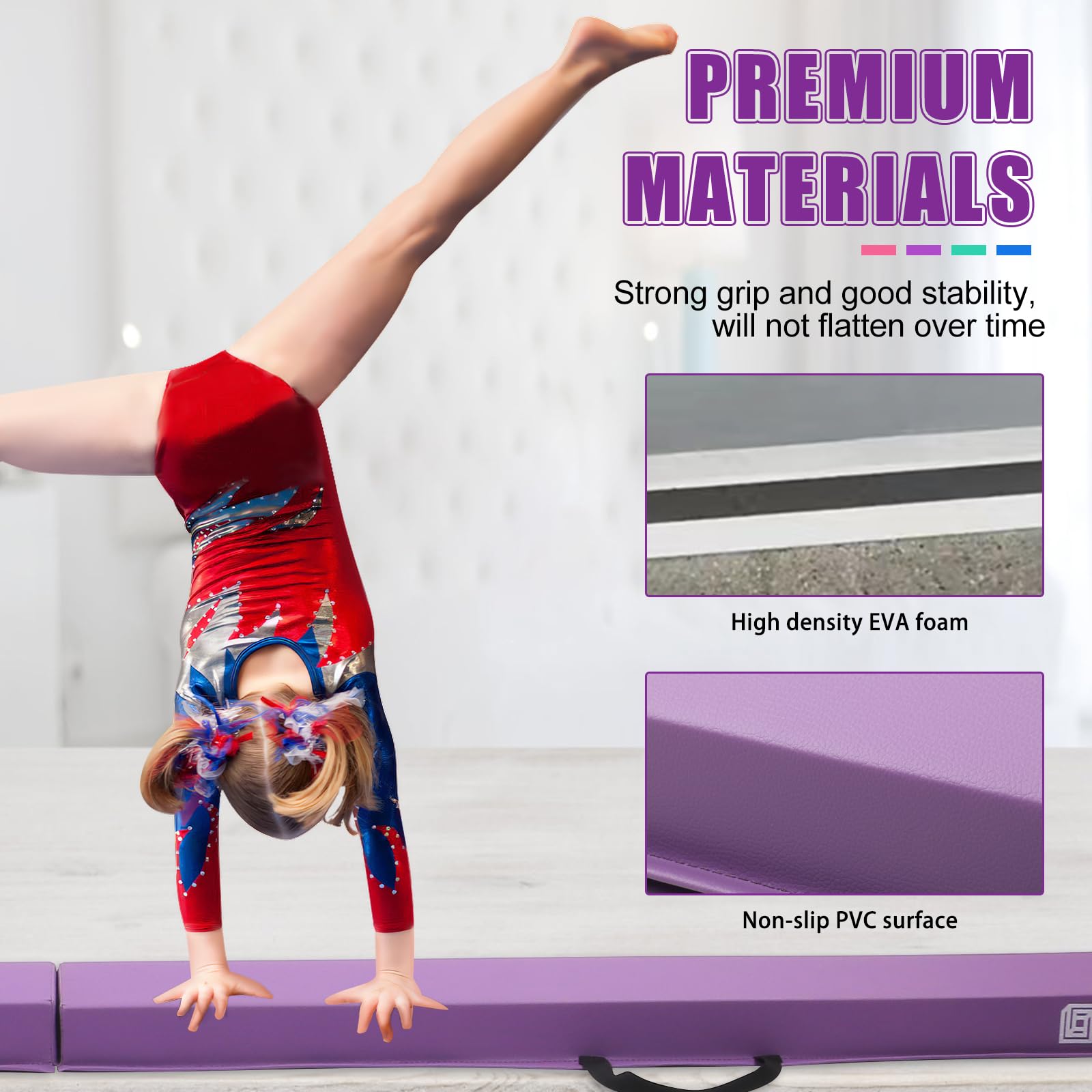 DIKEP Folding Gymnastics Floor Balance Beam for Kids Teenagers, 8 Ft Home-Gym Equipment for Toddler Athletes Practice, EVA Foam Non Slip PVC Bottom Base Training Beam, Purple