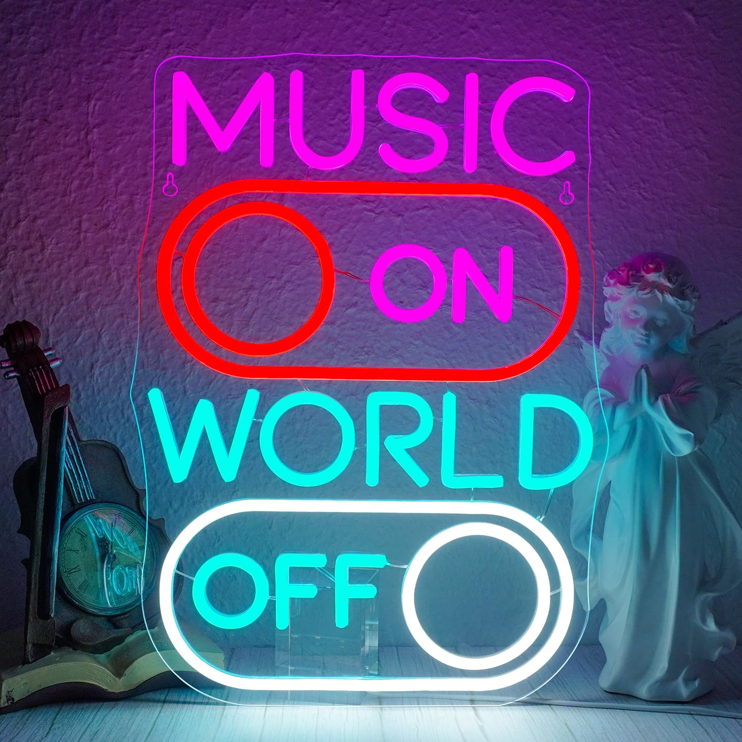 ineonlife Music on, World off Neon Light Sign, Music World Neon Sign for Wall Decor, Musicial Led Signs for Beer Bar,MusicStudio,Nightclub,Bedroom,Party,Gifts โ image 1