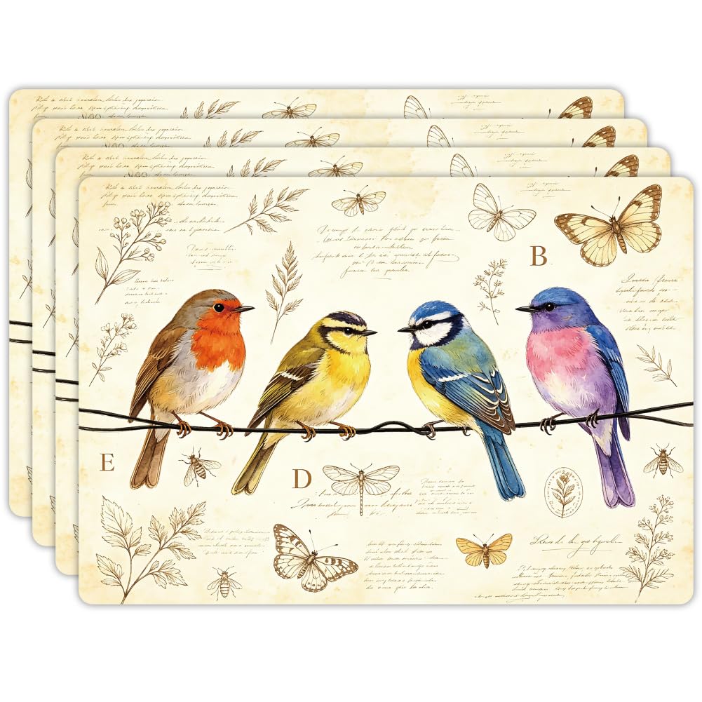 Peacoblue 4er Set Platzsets,Kunstleder Vintage-Vogel | Wasserfeste Tischsets 30x43cm, Hitzebeständige abwischbare Unterlagen für Küche, Esszimmer, Innen und Außenbereich