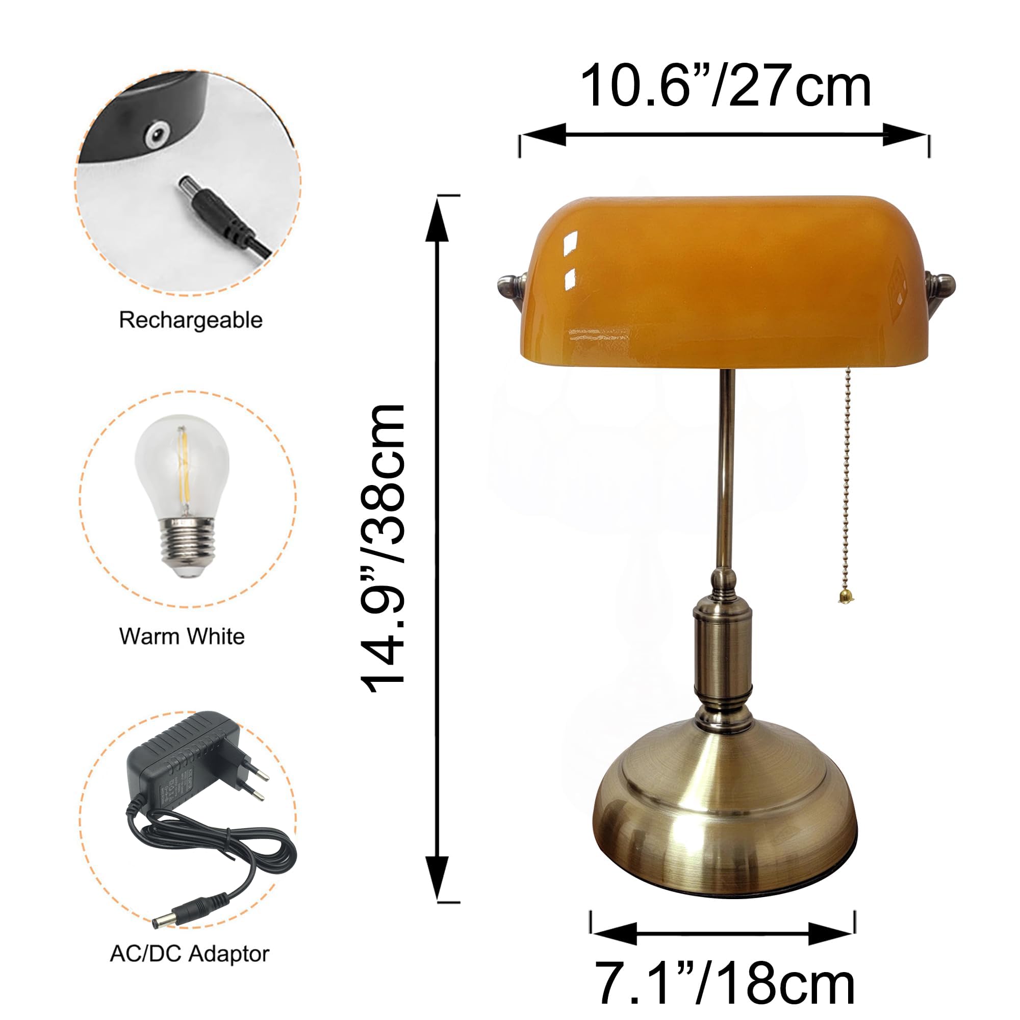 Retro-Stil Tischlampe Kabellos Warmweißes, Wiederaufladbar Tischleuchte, Dimmbar Banker-Schreibtischlampe aus antikem gelb Glas Für Schlafzimmer, Arbeitszimmer -TD1119-CD-DIM
