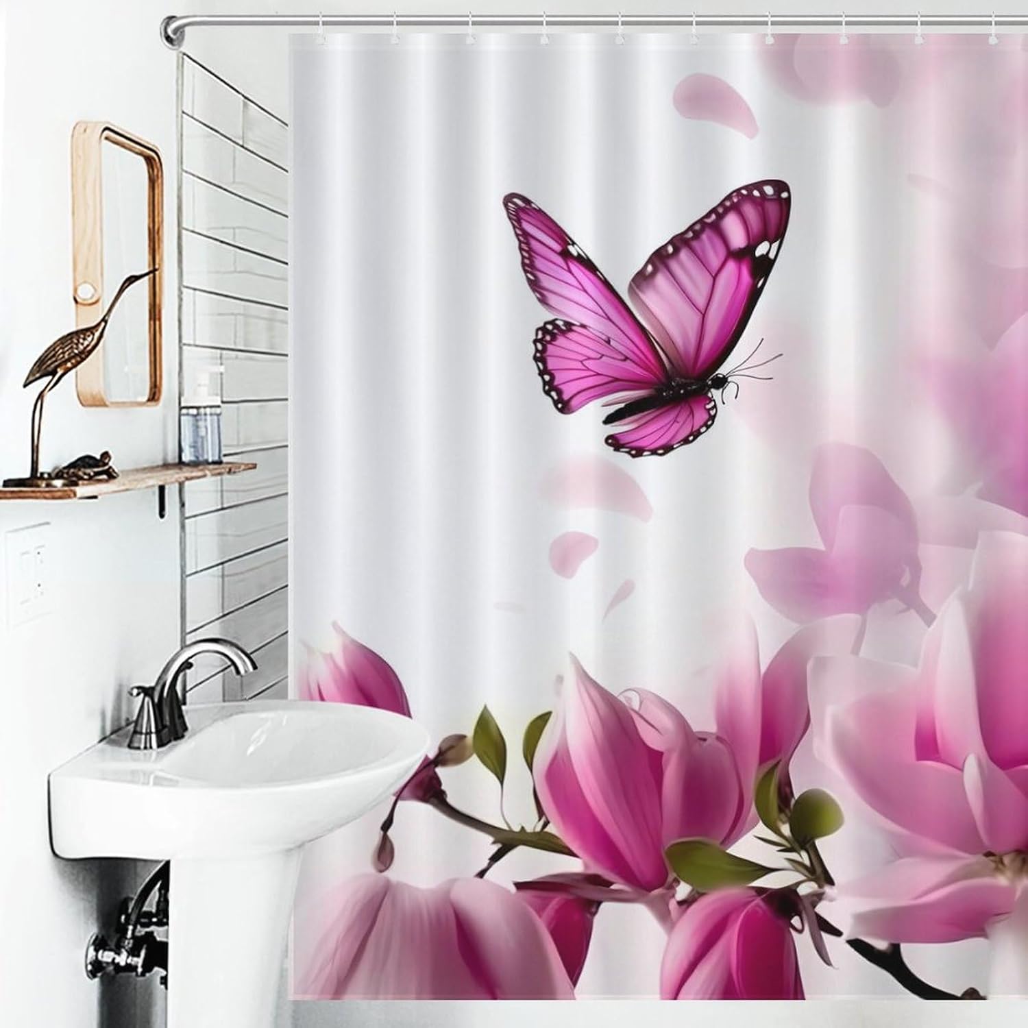 Magnolia Plant Flora Butterfly Funny Shower Curtains Washable Bath Curtain Liner with Hooks for Bathroom Bath Tubs