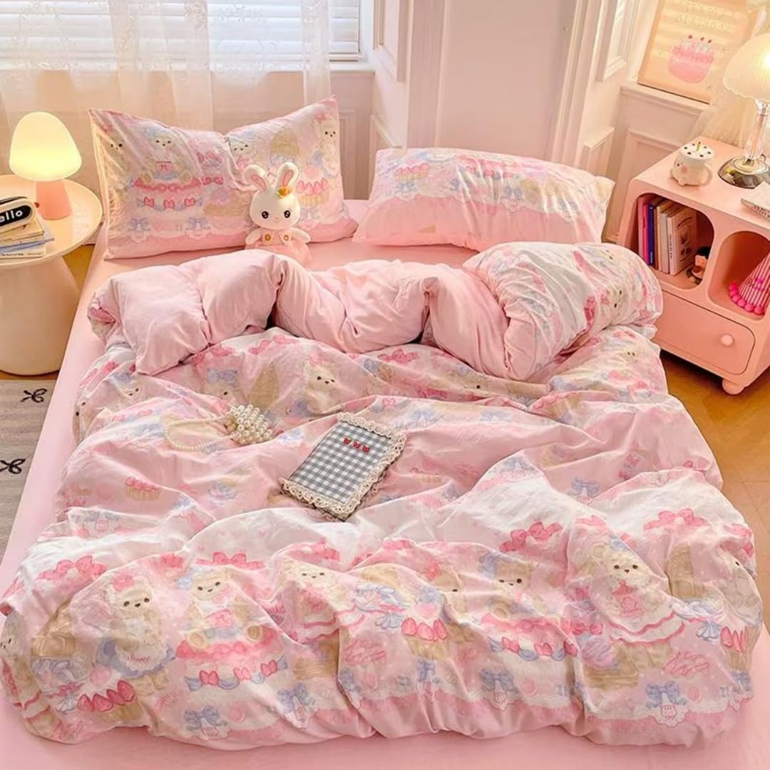 ガールズ100%ウォッシュドコットン3点ソフト快適通気性布団カバーセットソフトキッズプリンセス寝具セット寝具セット(ピンク、ツイン)