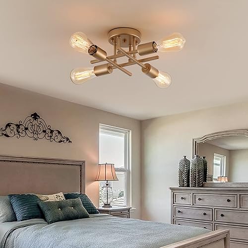 Miniatura 7 de Lámpara de techo semiempotrada de 4 luces, lámparas doradas de mediados de siglo para pasillo, entrada, dormitorio, cocina, comedor, porche,