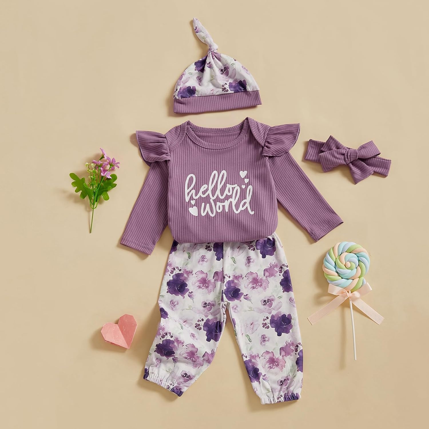 Newborn Girl Going Home Outfit Baby Preemie Hello World Ribbed Romper Top Floral Pants Set Leaving Hospital Clothes