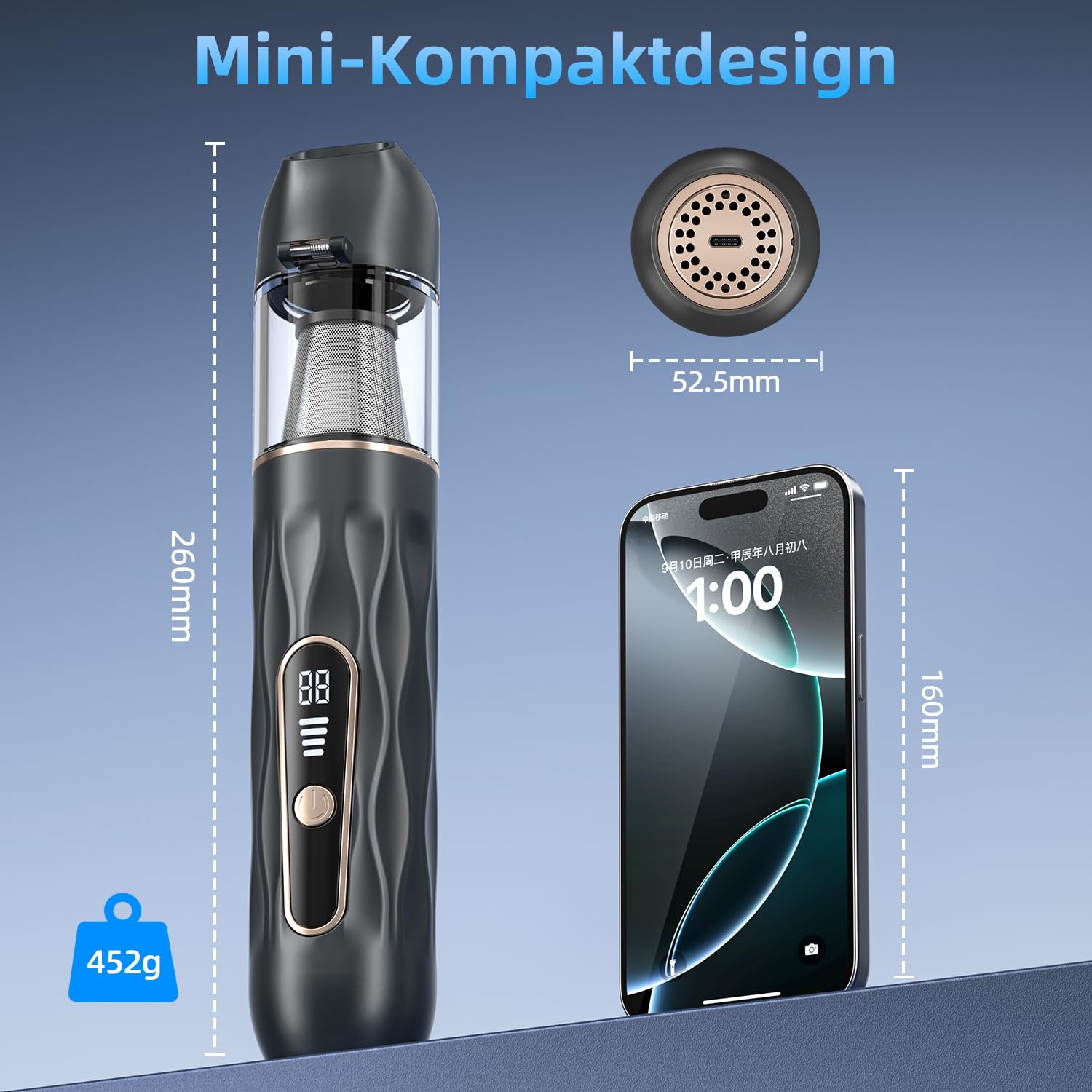 Ombrex 20000pa Handstaubsauger Akku, 3 IN 1 Auto Staubsauger Stark mit 4 Saugmodi, Portable Vacuum Cleaner für Auto, Haustiere,Sofa,Büro, Mini Staubsauger 7500mAh(Schwarz)