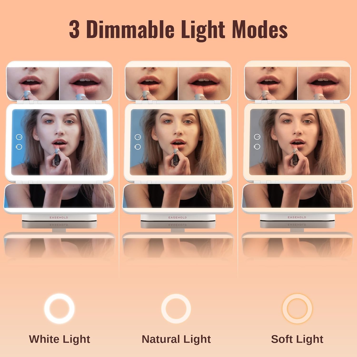 EASEHOLD Lighted Makeup Mirror with Magnification, Makeup Mirror with ligths, 2X 3X 10X Magnifying, Rechargable LED Mirror with 3 Colors Lights for Makeup Desk, Gifts for Women