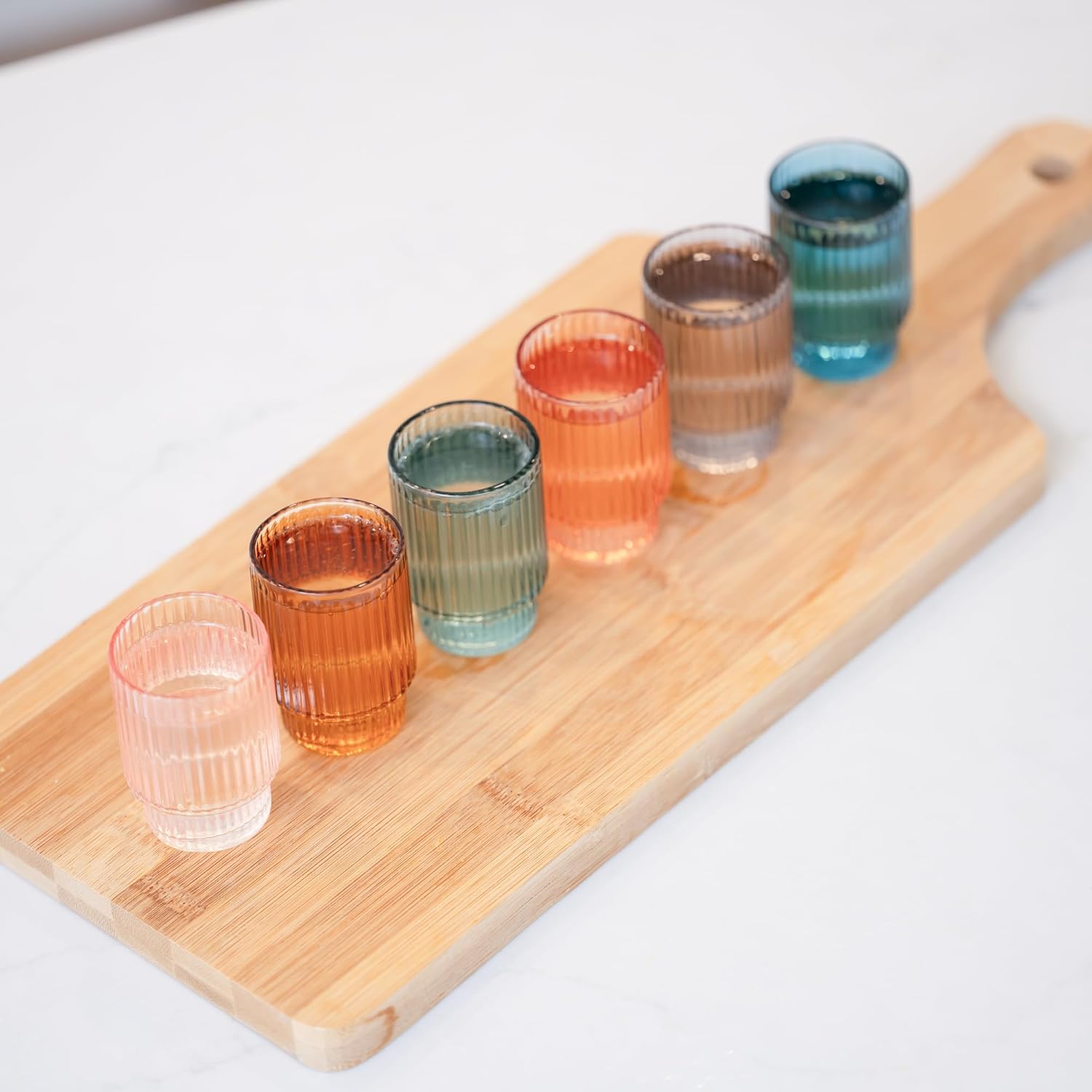 Handmade Art Deco Shot Glasses Set of 6 - Vintage Fancy Shot Glass Set in a Gift-Ready Box - Display-Worthy 1.5 Oz Shot Glasses Hand Blown from Premium Glass - Multicolored, Stackable Ribbed Design