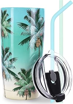 NymphFable 20oz Palm Tree Tumbler with Straw and Lid Stainless Steel Insulated Travel Mug Double Wall