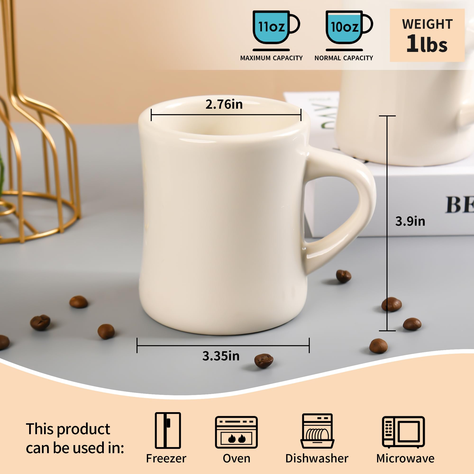 Amazon.com: BYCNZB 11oz Ceramic Coffee Mug set Stoneware Coffee Cups Set  for Restaurant, Diner, Farmhouse, Coffee Shop, Home set of 6 (Cream) : Home  & Kitchen