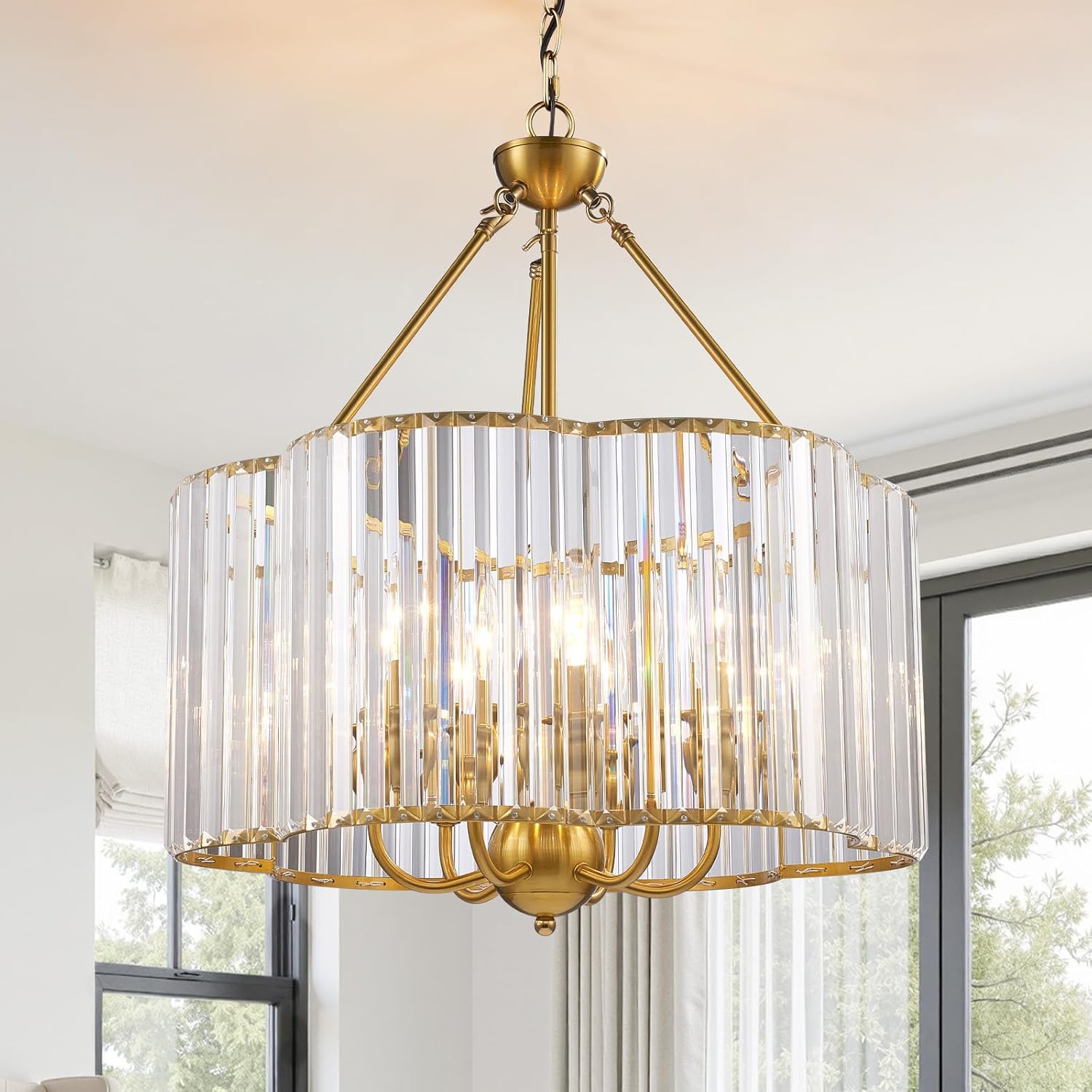 Hamilyeah 20" Gold Crystal Chandelier for Dining Room, Modern 6-Light Drum Floral Light Fixture Pendant Lighting, Adjustable Hanging Chain Ceiling Light for Kitchen, Living Room, Bedroom Entryway