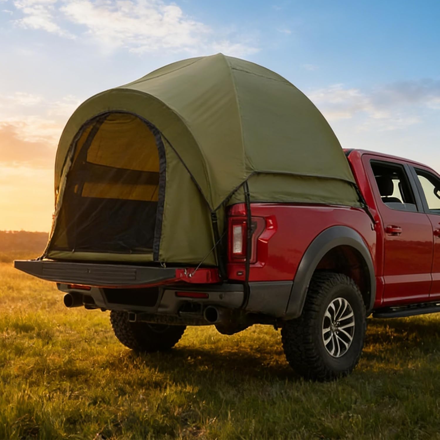 Truck Bed Tent,Waterproof PU3000mm Pickup Truck Tent with Rainfly & Power Tunnel;Truck Tents for Camping,Fits Full Size Short Bed, Easy Set-up for 2 Person,Chevy, Dodge, Ford, GMC, Green.