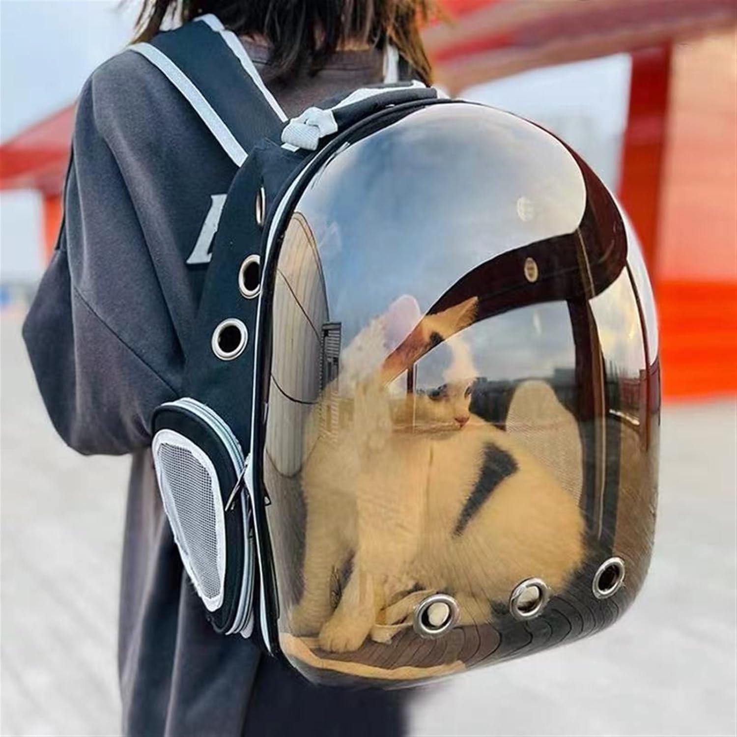 Pet Cat and Dog Going Out Carrying Bag Space Capsule Backpack Cage Double Shoulder Transparent Breathable Waterproof Portable(Gray)