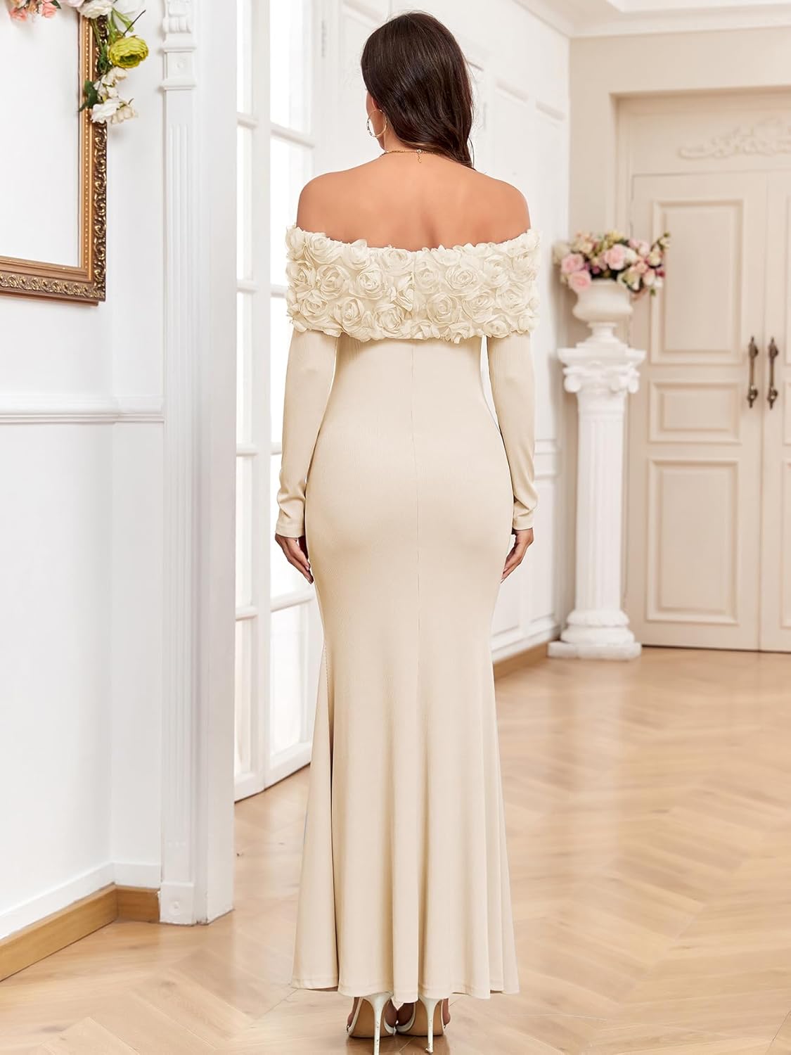 3D Floral Off The Shoulder Maternity Dress Sexy Ribbed Mermaid Maxi Bodycon Pregnancy Dresses Baby Shower - Image 2