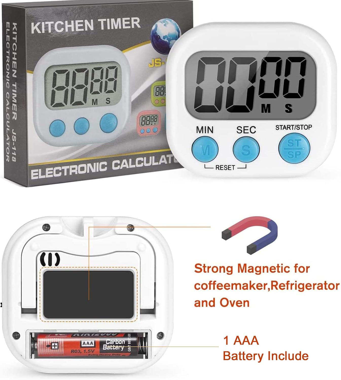 Kitchen Timer (Battery Included), Magnetic Digital Timers Loud Alarm Kitchen Timers for Cooking 2 Pack White, Upgrade Silent Classroom Timer for Kids, Back Stand for Visual Timer