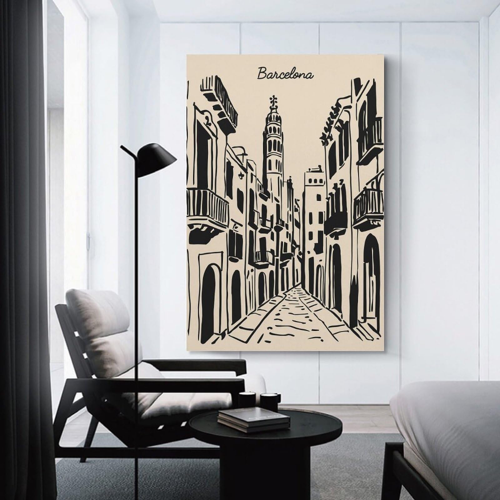 Junmoney Barcelona Street Illustration Hanging Wall Art, 16x24inch(40x60cm), for Gallery Wall Decor And Room Displays, Home Wall Art for Statement Displays