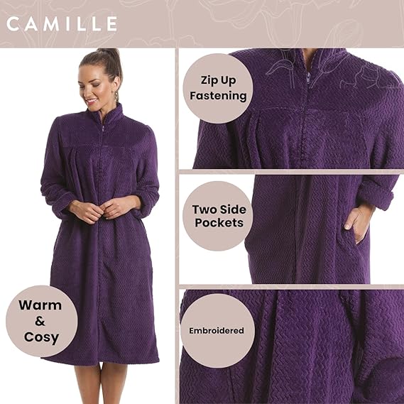 Camille Dieppolige fleece badjas voor dames, volledige lengte, met sherpa gevoerde capuchon en manchetten, Blauw, 50-52 grote maten : Camille