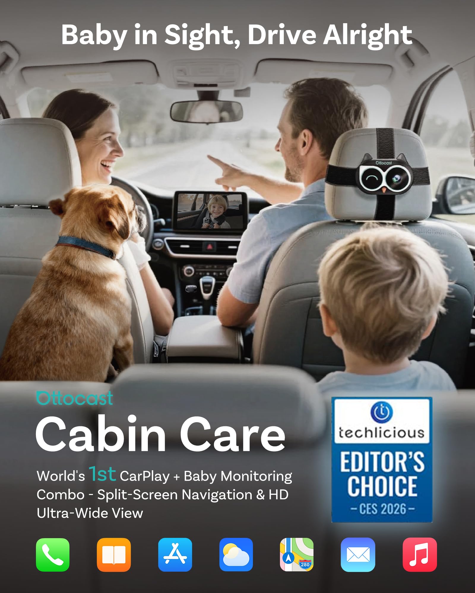 OTTOCAST Adaptateur de cabine 2025 en 1 pour caméra de voiture pour bébé et adaptateur CarPlay sans fil, aucun écran supplémentaire nécessaire, moniteur bébé de voiture 1080p pour vision nocturne