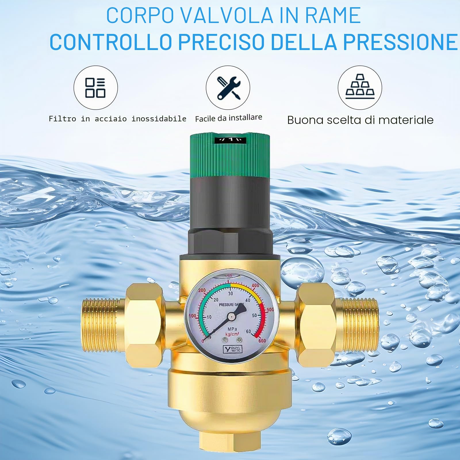 Riduttore di Pressione Acqua 1 pollice, Regolatore Di Pressione Acqua Con Manometro Acqua E Filtro A Rete, Riduttore Pressione Acqua In Ottone Per La Regolazione Della Pressione Dell'Acqua (Ottone)