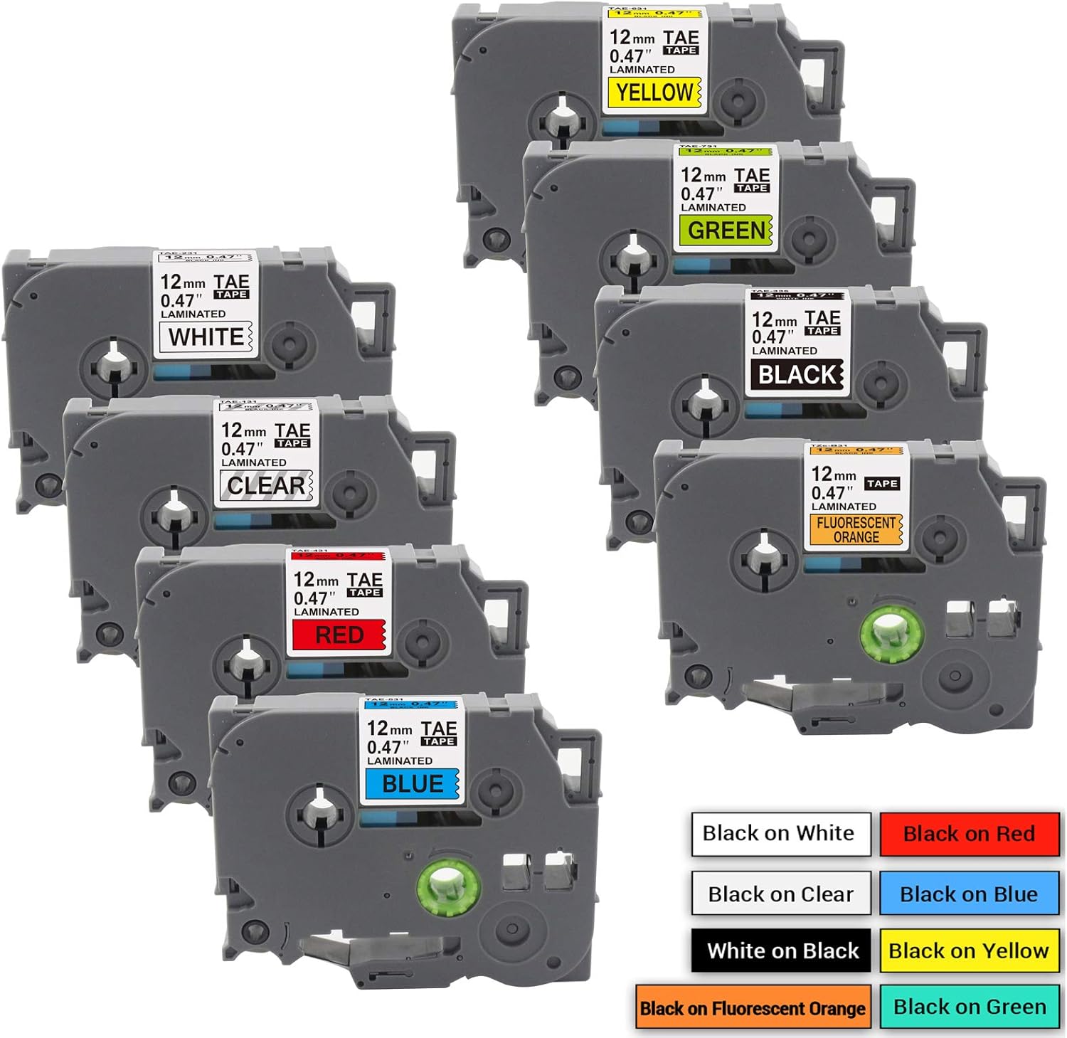 Compatible Label Tape Replacement for Brother P Touch TZe Label Tape 12mm 0.47 Inch (Black on White/Orange/Clear/Red/Blue/Yellow/Green) for P Touch PT-D210 H110 D400 Label Maker, Laminated, 8-Pack