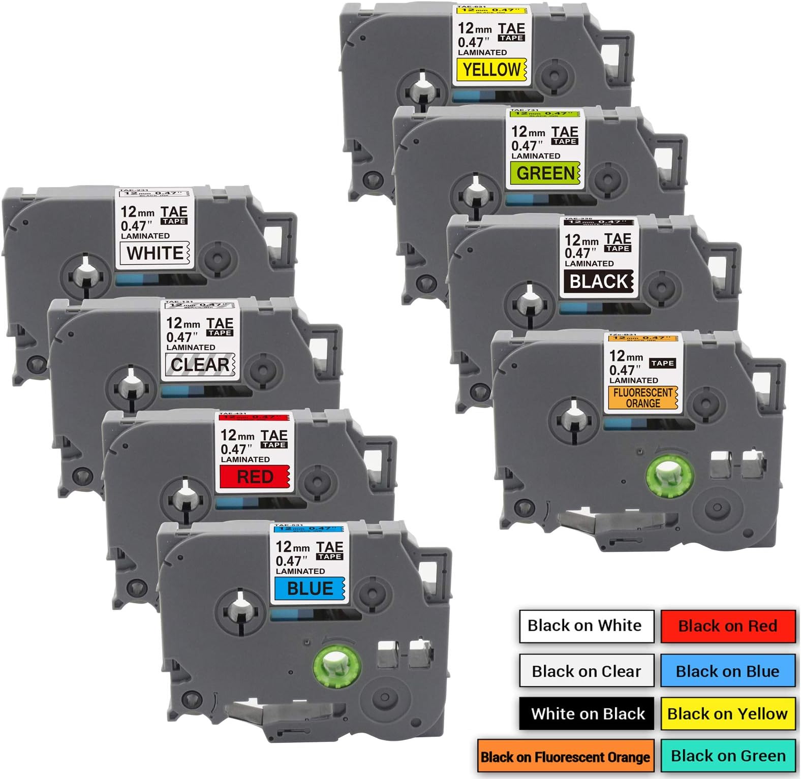 Compatible Label Tape Replacement for Brother P Touch TZe Label Tape 12mm 0.47 Inch (Black on White/Orange/Clear/Red/Blue/Yellow/Green) for P Touch PT-D210 H110 D400 Label Maker, Laminated, 8-Pack