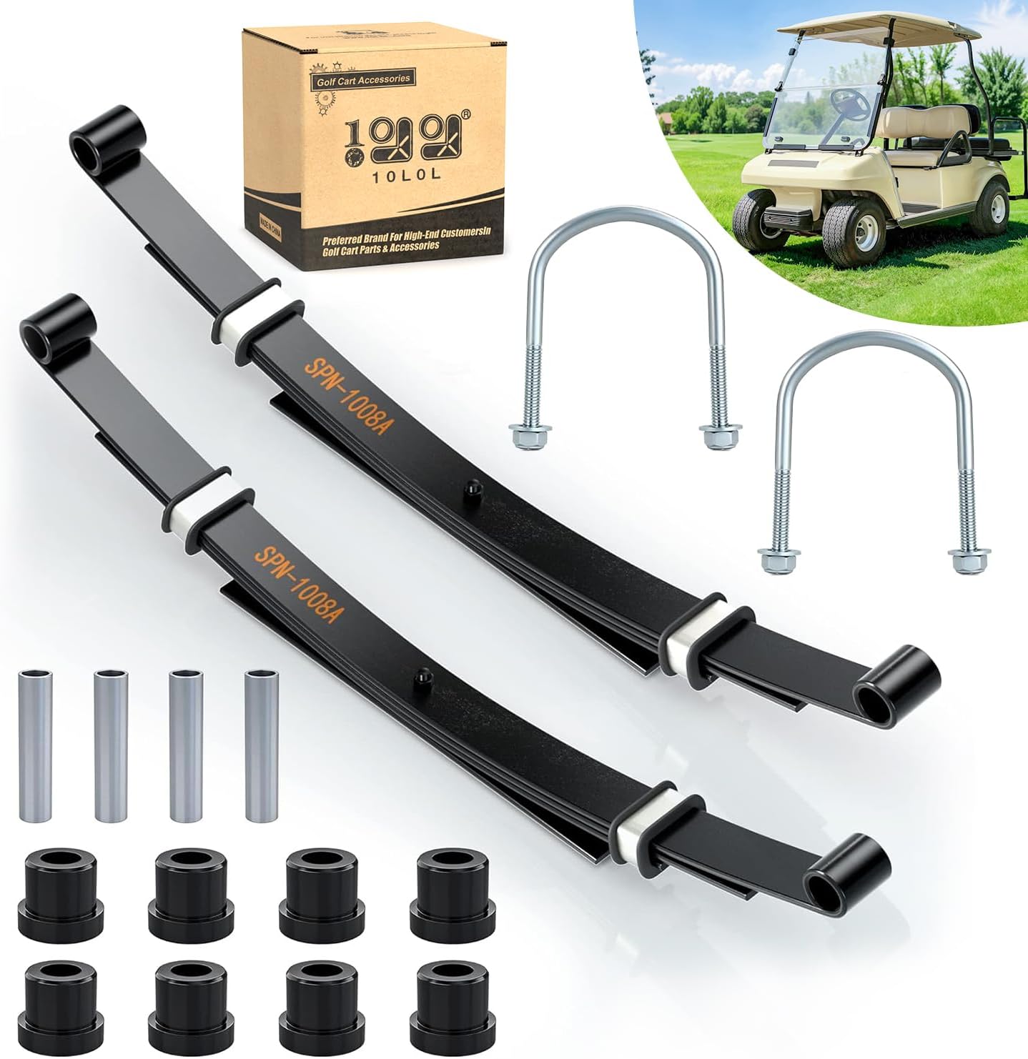 10L0L Golf Cart Heavy Duty 4-Leaf Rear Spring Kit for Club Car DS 1982-up Gas & Electric, with Bushings Sleeves U Bolt, Replace OEM 1014675 102006501 1011149 1012618 1012324 1010974