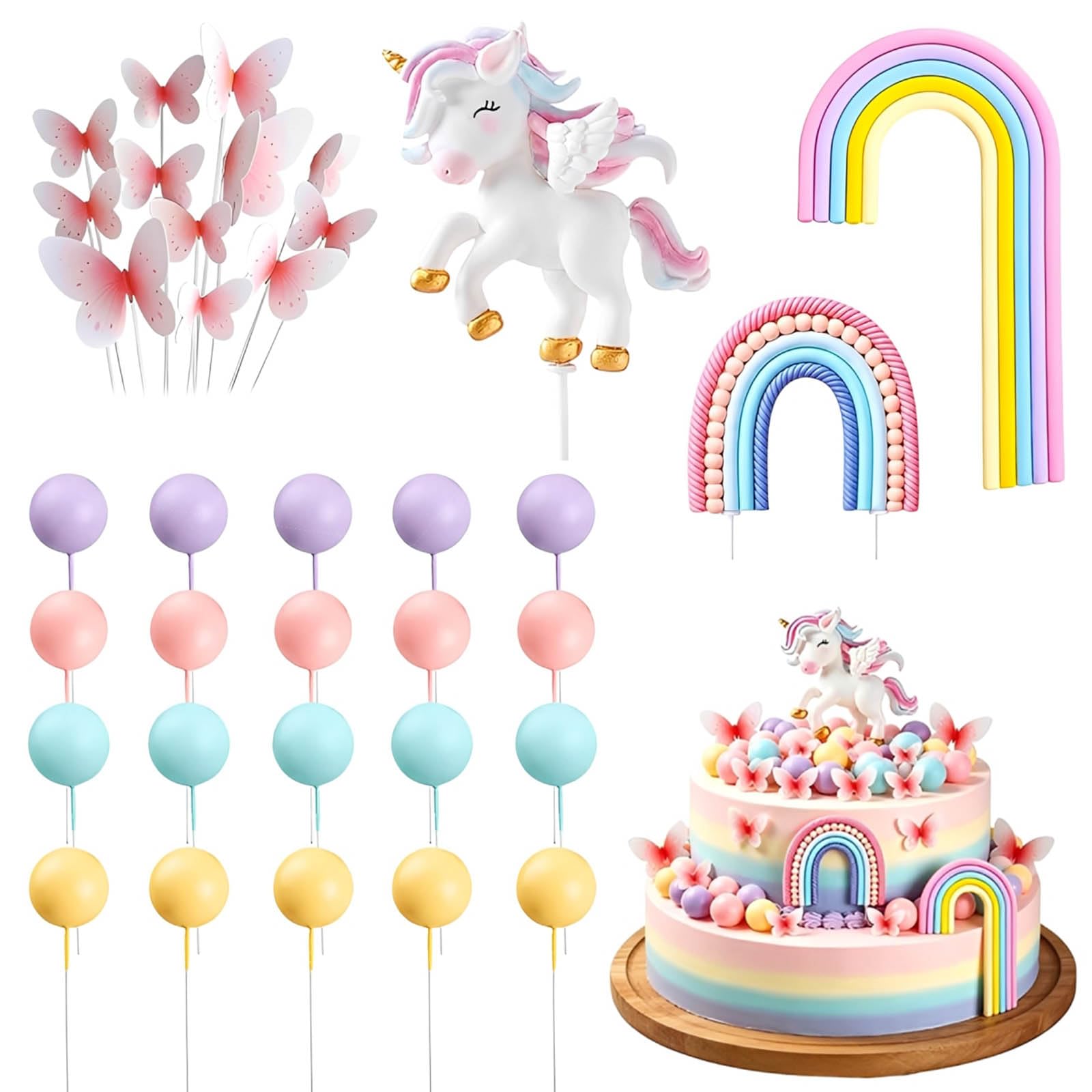 35-Piece Unicorn Cake Toppers Girls Set with Pastel Cake Balls, Includes Soft Clay Rainbow Cake Topper and Butterfly Cake Decorations for Princess Birthday Party