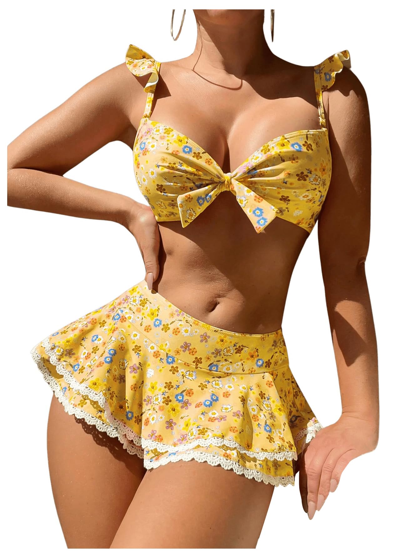 BEAUDRM Women's 2 Piece Ruffle Bikini Sets Floral Tummy Control Skort Swimsuit Bathing Suit Beachwear