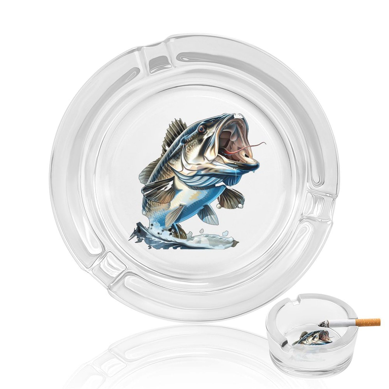 Bass Fishing Ashtray Portable Round Glass Outdoor Ash Tray for Home Office Garden Pub