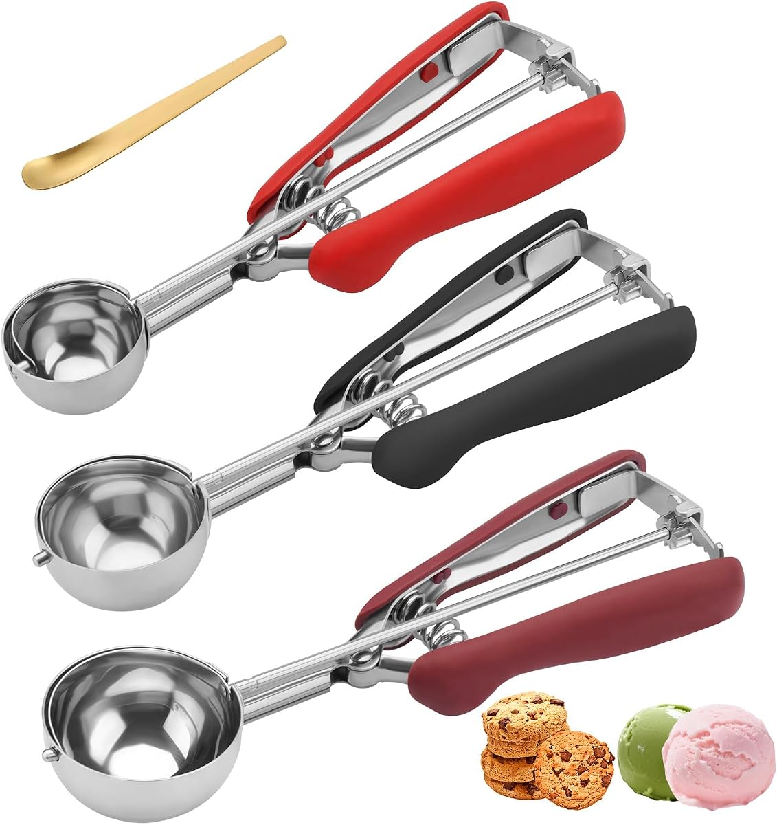 Cookie Scoops for Baking Set of 3, 18/8 Stainless Steel Ice Cream Scoop, 1 Tbsp/2 Tbsp/3 Tbsp Cookie Dough Scoop, Red/Black/Burgundy Non-slip Grip, for Cookie Cupcake Muffin Ice Cream