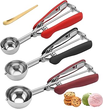 Cookie Scoops for Baking Set of 3, 18/8 Stainless Steel Ice Cream Scoop, 1 Tbsp/2 Tbsp/3 Tbsp Cookie Dough Scoop, Red/Black/Burgundy Non-slip Grip, for Cookie Cupcake Muffin Ice Cream