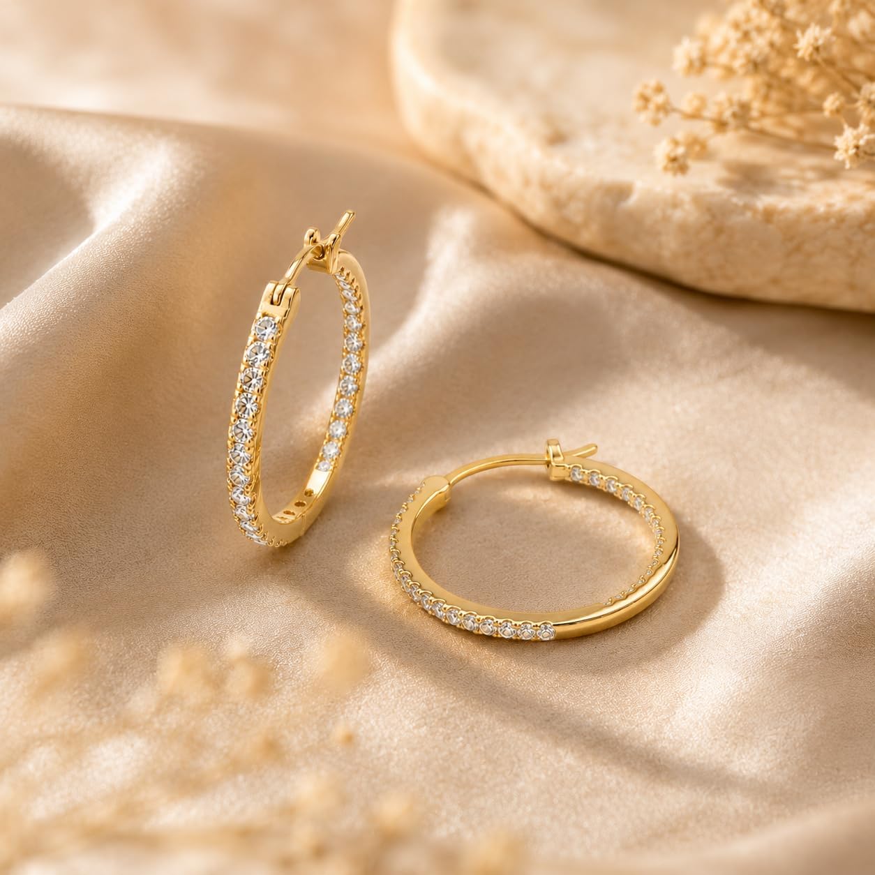 14K Gold Hoop Earrings for Women Cubic Zirconia Pave Round Hoops Sparkling Lightweight Huggie Style Elegant Jewelry 15mm/20mm/30mm/35mm