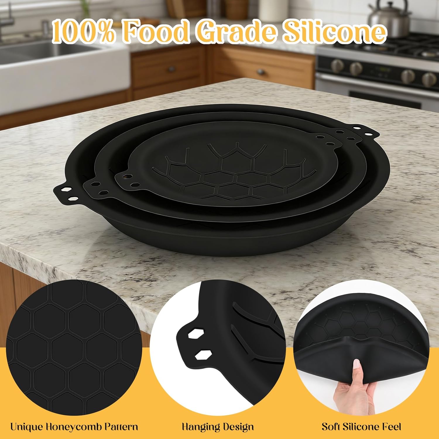 3 Piece Set Silicone Pan Protectors (Includes 8",10",12"), Pan Separators for Stacking Compatible with Hexclad, Tfal, All-Clad Nonstick Frying Pans and More, Cookware Protector, Dishwasher Safe, Black
