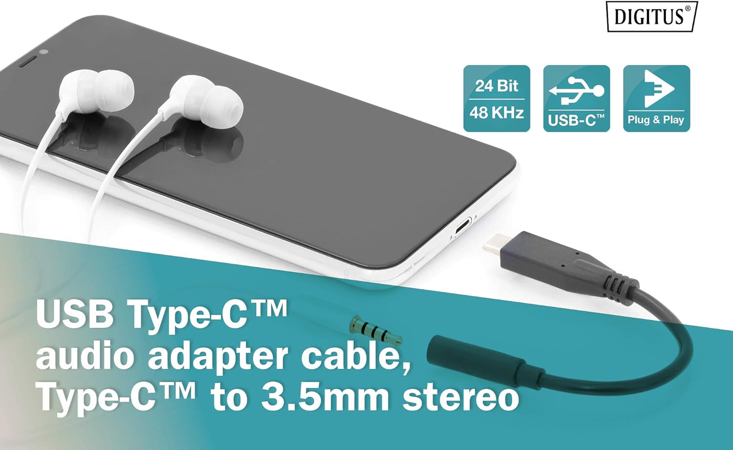 Digitus USB Type-C Audio Adapter Cable, Type-C - 3.5mm M/F, 0.2m, Audio Input/Output, Version 3.1, CE, bl