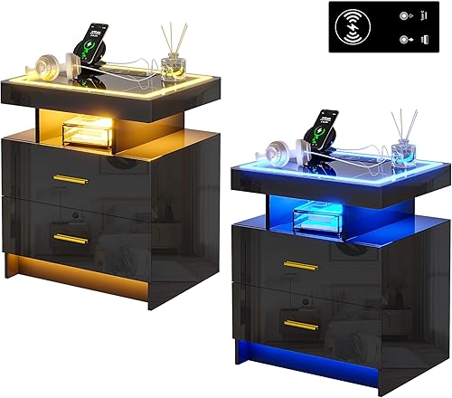 HNEBC Juego de 2 mesitas de noche LED automáticas, mesita de noche blanca con estación de carga y puertos USB, mesa de noche de alto brillo con 2