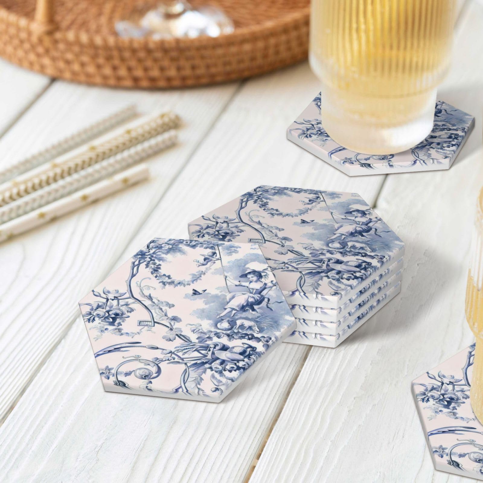 Lukiyys Blue French Country Toile Pattern Ceramic Coaster Set of 4 for Drinks, Absorbent Ceramic Stone Coaster Set, Cork Base,Cups Place Mats for Home Decor Hexagon