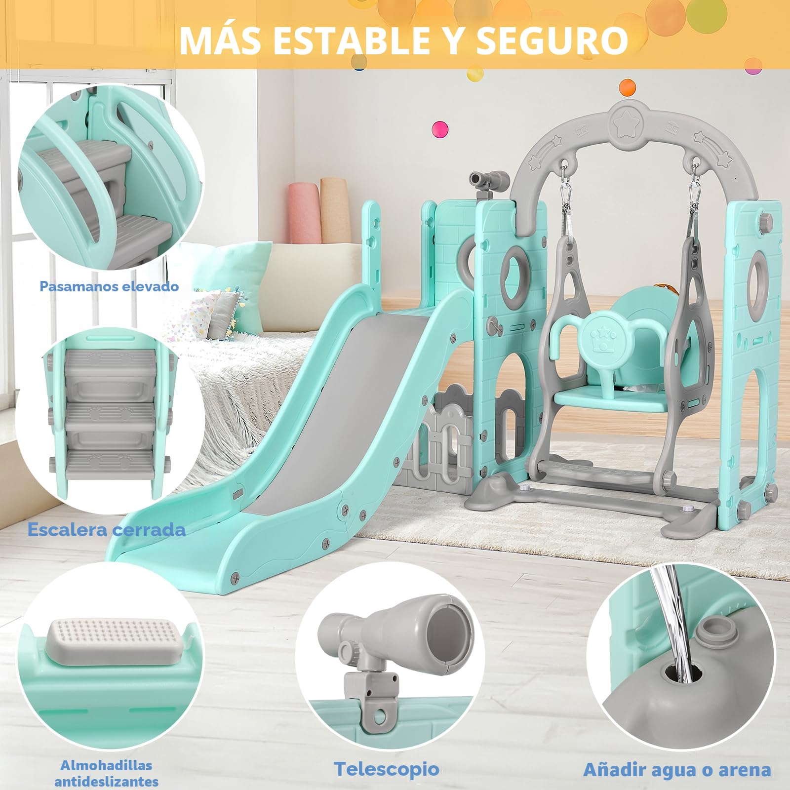 Tobogán y Columpio, Parque Infantil 5 en 1, con Tobogán Largo, Columpio, Escalada, Telescopio de Juego, Almacenamiento, Tobogán para Interior y Exterior, Juego de Tobogán para Bebé, Verde Gris