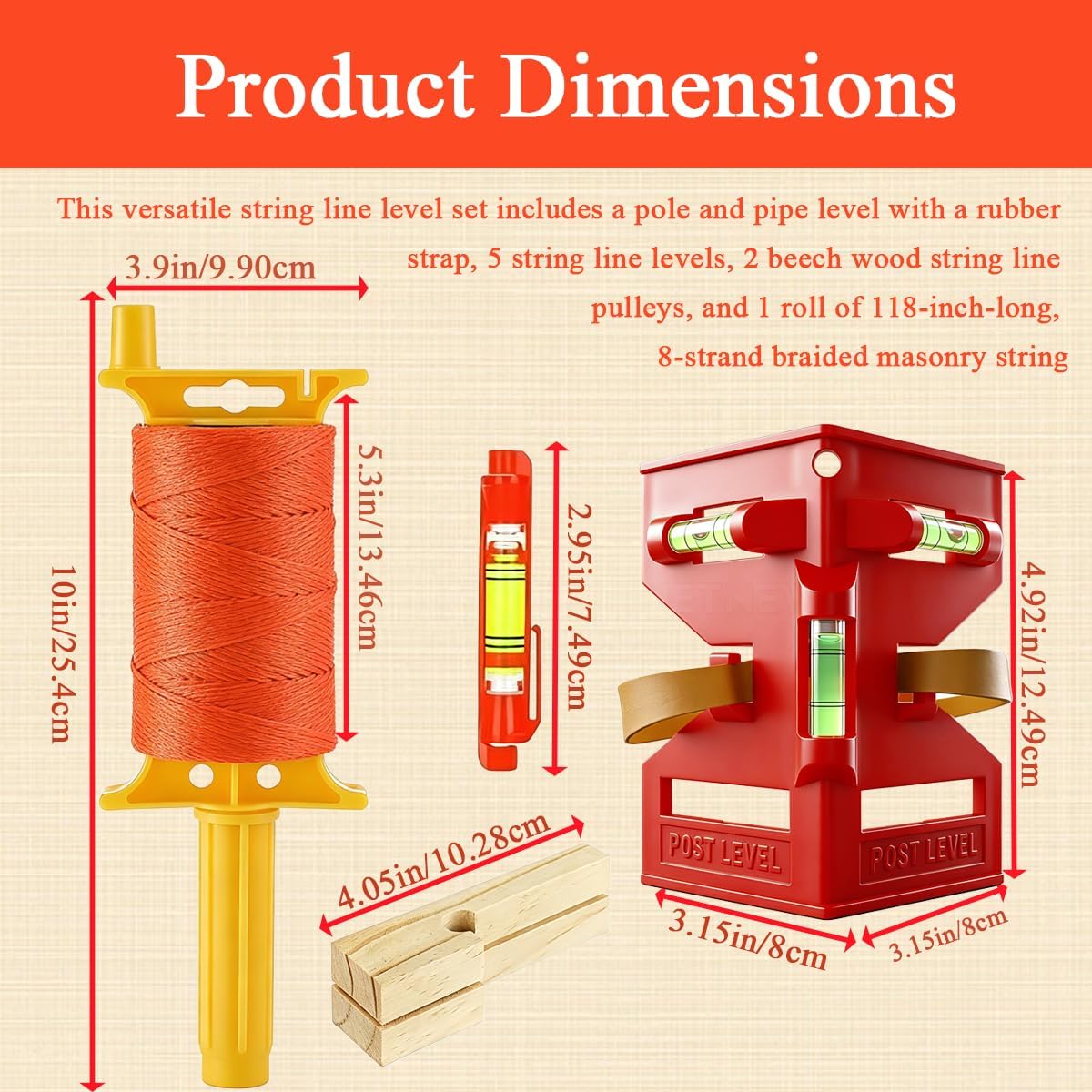 Post Level String Line Kit for masonry & fence post leveling | Includes post & pipe level with rubber strap,5 line levels,2 beech wood line blocks,118 in Mason Line